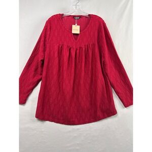 BloomChic Tunic Top Women 14-16 Red New Textured Notch Neck Long Sleeve Blouse